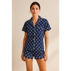 J.Crew Factory 100% Cotton Pajama Set Navy Floral Short Sleeve Button Down | M